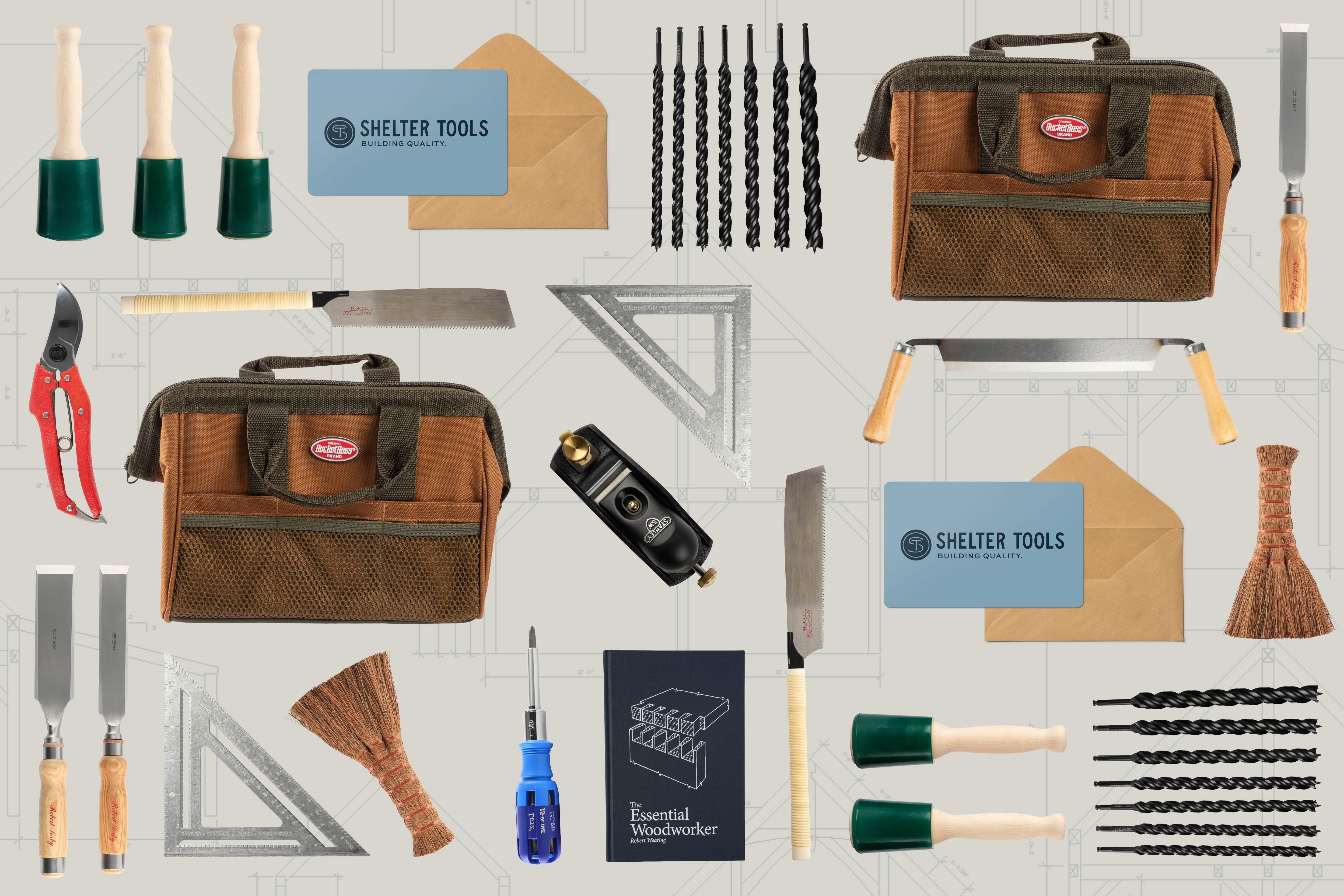 A collage of woodworking tools including chisel sets, a saw, screwdriver, hand planer, drill bits, squares, small tool bags, envelopes labeled “Shelter Tools,” and a book titled “Essential Woodworker” on a blueprint background.