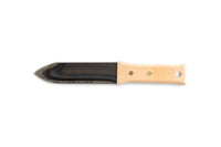 The maru Hori Hori Japanese Gardening Tool features a wooden handle and dark serrated carbon steel blade, ideal for precise garden tasks.