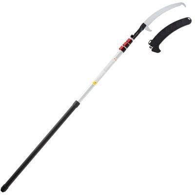 The SHT Aluminum Notch Pole Saw with Silky Hayuchi Blade features a telescoping pole, black handle grip, red adjustment buttons, and a curved blade with a separate cover—perfect for professional pruning tasks.