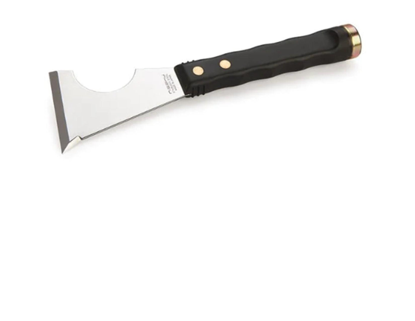 The Nisaku Hammer Top Scraper is a versatile stainless steel tool with a black handle, brass rivets, and a wide blade featuring sharp edges, flat surfaces, and a curved cutout near the top.