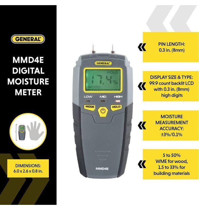 The General Tool Company Pin-Type LCD Moisture Meter, ideal for checking wood moisture and mold prevention, features 0.3 in. pins, a 99.9-count backlit LCD, ±3% accuracy, 5–50% wood range, and measures 6.0 x 2.6 x 0.8 in.
