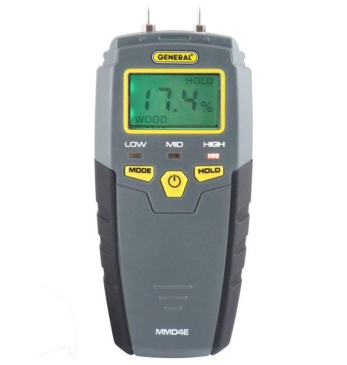 The Pin-Type LCD Moisture Meter by General Tool Company features a green display showing “17.4%” wood moisture, “MODE” and “HOLD” buttons, low/mid/high indicator lights—ideal for mold prevention.