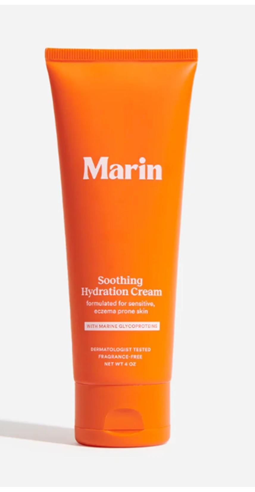 The Marin Soothing Hydration Cream is a Maine-made, fragrance-free moisturizer for sensitive, eczema-prone skin with marine glycoproteins. Dermatologist-tested, it supports skin barrier repair and comes in a 4 oz orange tube.