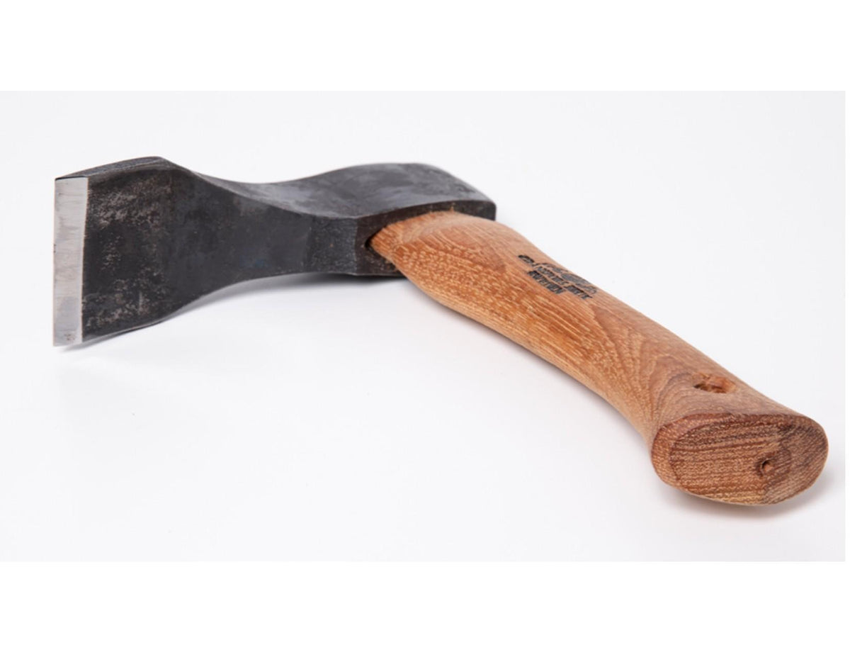 A close-up of the Shelter Institute Small Straight Adze 56mm, featuring a wooden handle and a black metal head, shown against a white background—perfect for fine woodworking and log building projects.