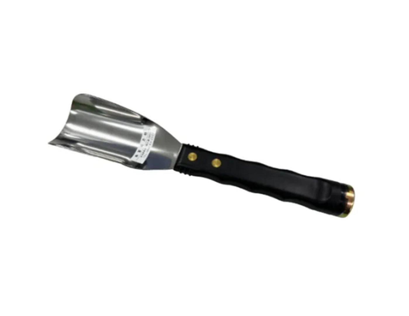 The Nisaku Hammer Top Scraper features a curved, shiny stainless steel blade and a black handle with brass rivets, shown on a white background.