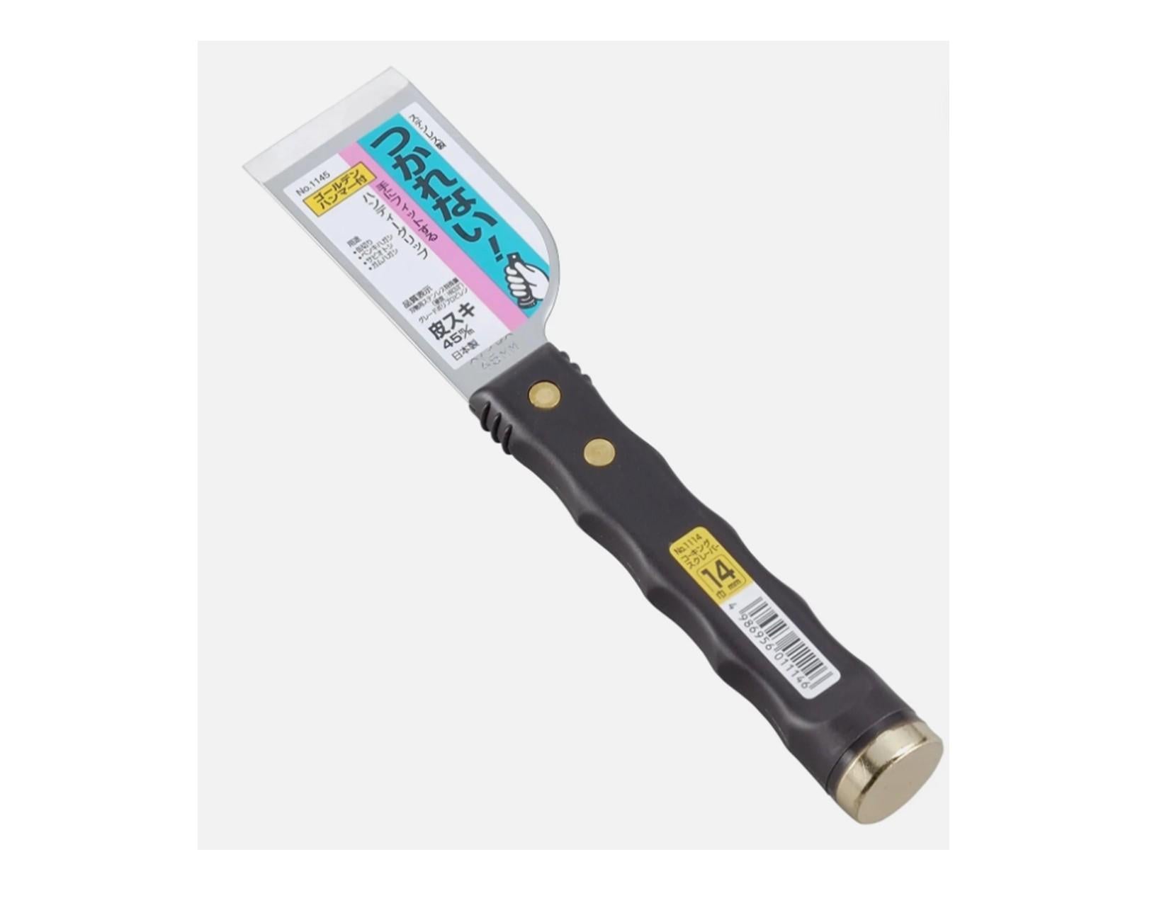 The Nisaku Hammer Top Scraper features a wide, flat Japanese stainless steel blade with Japanese text and a dark ergonomic handle with a barcode sticker. The tool appears new and unused.