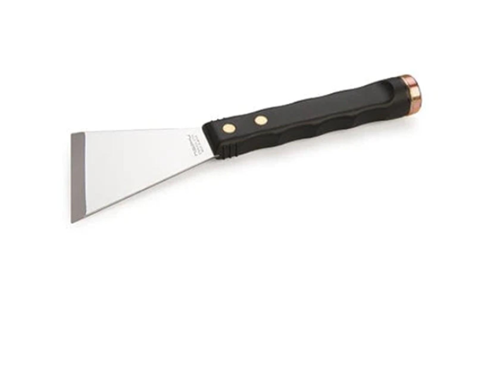 The Nisaku Hammer Top Scraper features a wide, flat stainless steel blade and a black handle, shown on a white background.