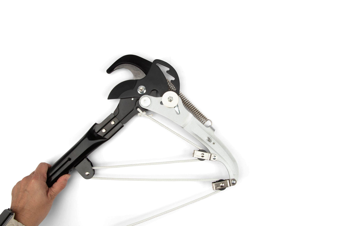 A hand holds the BBT Sintung Lopper Head for Hayuchi Pole Saw, a long-handled pruning tool with a curved blade, pull-cord mechanism, and ratchet-operated lopper head, displayed against a white background.