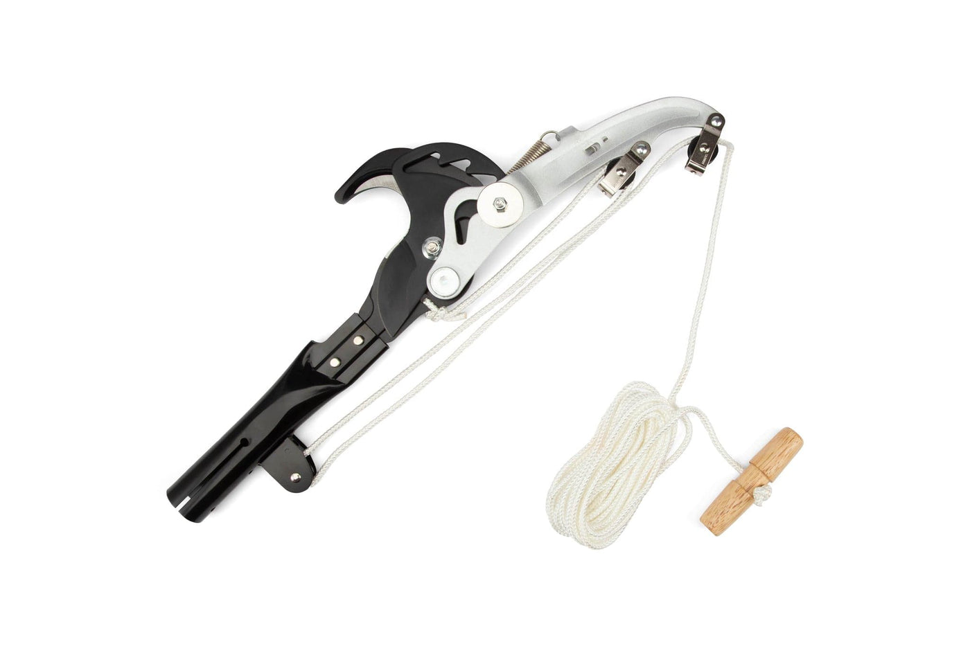 The BBT Sintung Lopper Head for Hayuchi Pole Saw is a high-reach pruning tool with a black and silver ratchet-operated head, plus white rope and wooden handle, shown isolated on a white background.