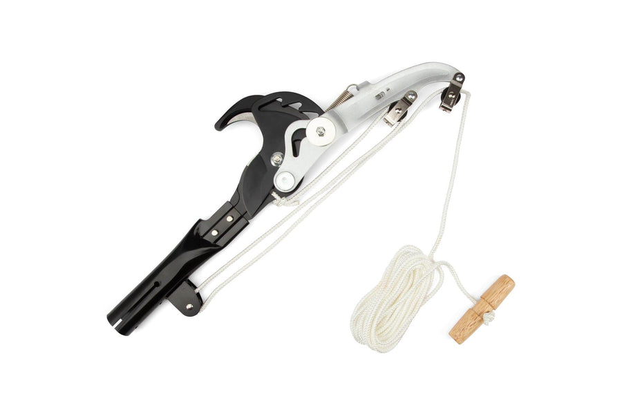 The BBT Sintung Lopper Head for Hayuchi Pole Saw is a high-reach pruning tool with a black and silver ratchet-operated head, plus white rope and wooden handle, shown isolated on a white background.