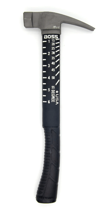The BHC Boss Steel Hammer with Poly Fiberglass Handle features a black handle, measurement markings in inches, an 18 oz clawed head, textured grip, and is labeled Made in USA.