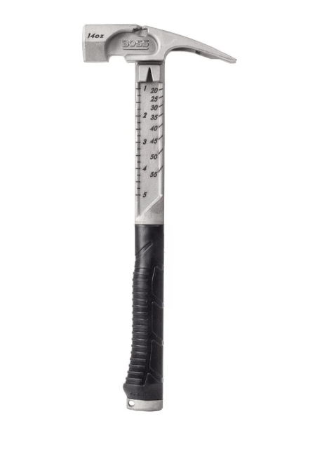 The BHC Boss Hammer Full Titanium features a silver finish, black textured grip, inch markings from 5–50 on the neck, and a head stamped “14oz” and “BOSS,” all set against a white background.
