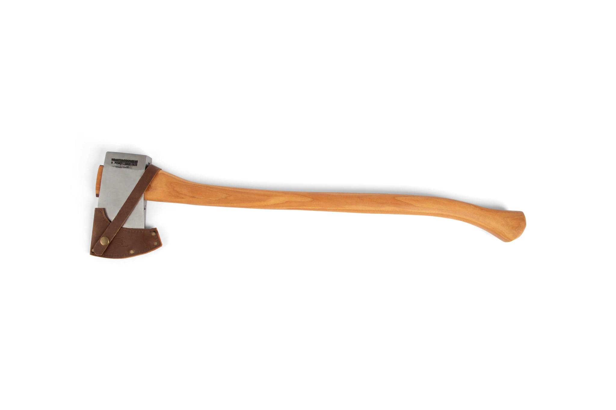 The Brant & Cochran Acadian Half Wedge Axe by BNC features a long hickory handle, metal blade, and comes with a brown leather sheath, displayed against a plain white background.