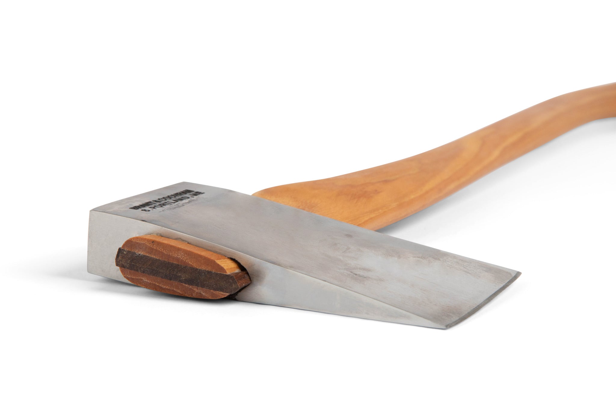 A close-up of the Brant & Cochran Acadian Half Wedge Axe by BNC, featuring a polished metal head and smooth light hickory handle, displayed against a white background.