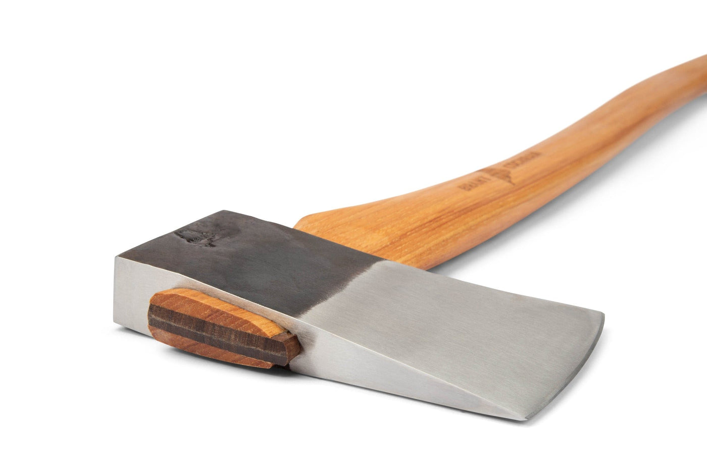 A close-up of the BNC Brant & Cochran Allagash Cruiser camp axe shows its sharp metal head, wood handle, and secure wedge on a white background; includes a custom leather sheath.