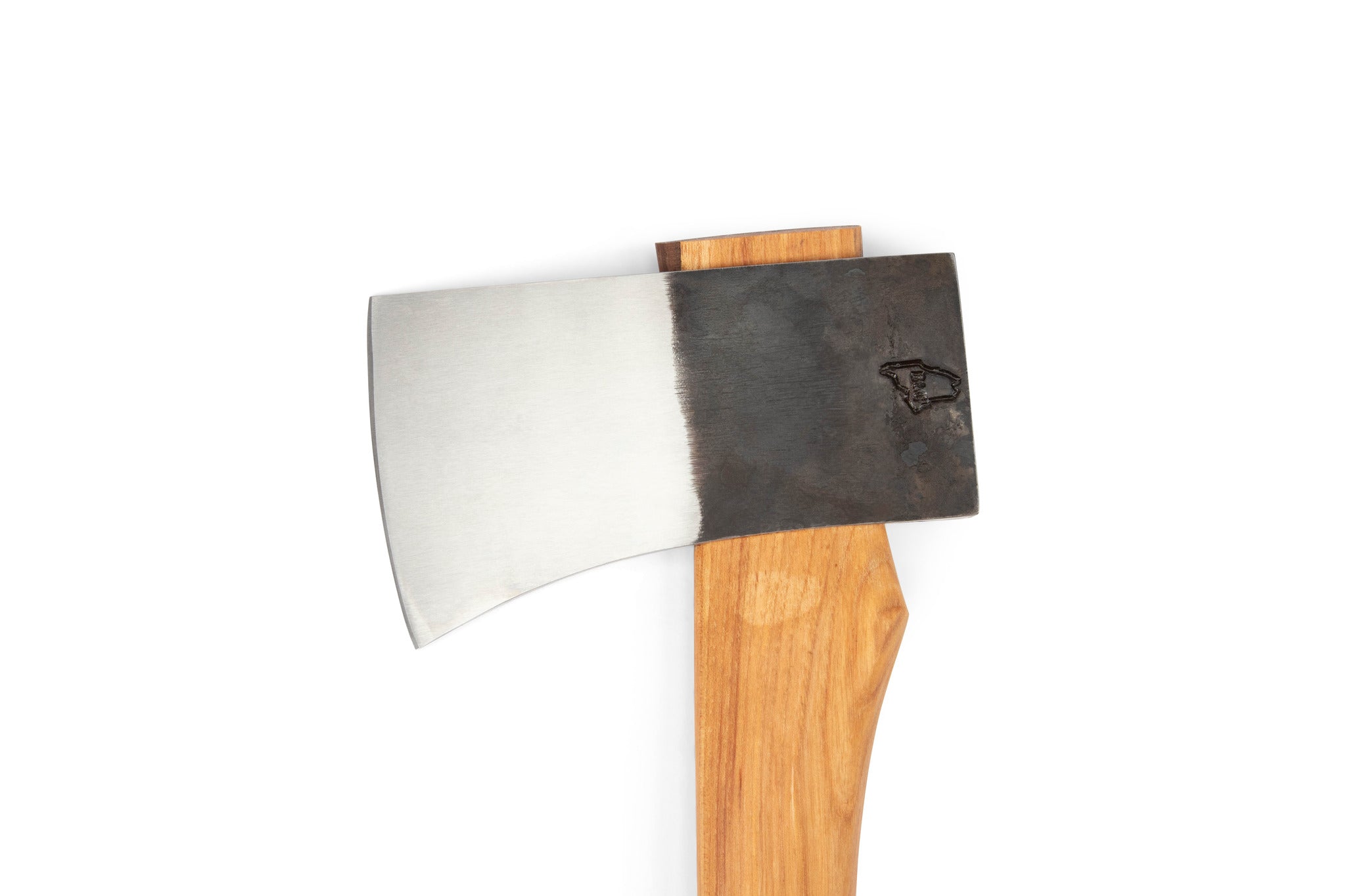 A close-up of the BNC Brant & Cochran Allagash Cruiser axe, featuring a polished metal blade and wooden handle against a white background, showcases its craftsmanship—ideally matched with a custom leather sheath.
