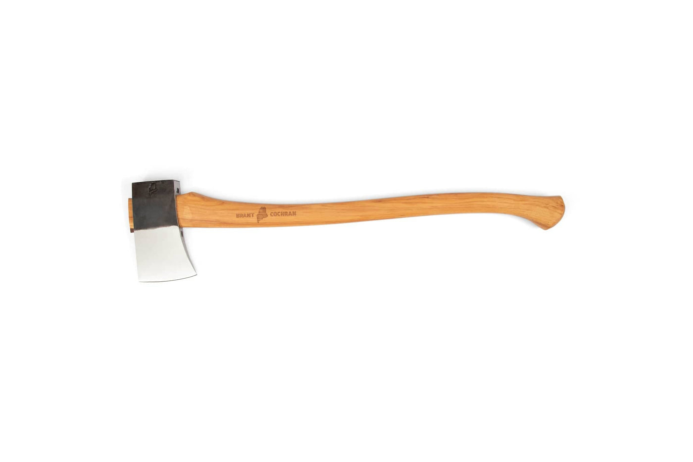 The BNC Brant & Cochran Allagash Cruiser is a hand-forged, single-bladed axe featuring a polished metal head and a long, curved wooden handle, displayed against a white background.