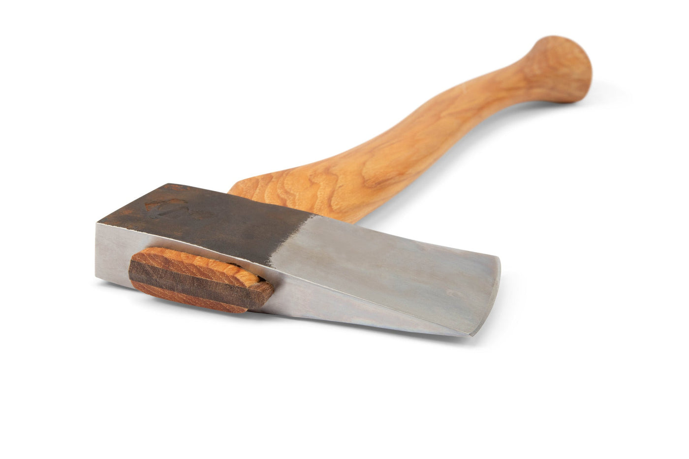 A close-up of the BNC Brant & Cochran Dirigo Belt Axe, featuring a polished metal blade and curved wooden handle, shown on a white background.