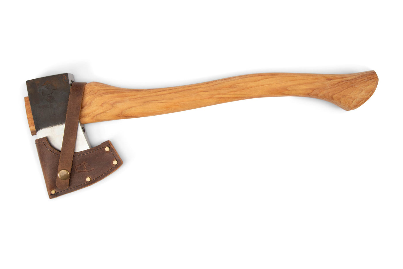 The Brant & Cochran Dirigo Belt Axe by BNC features a wooden handle and metal blade with a brown leather sheath, shown on a white background—an ideal packable tool for campfire enthusiasts.