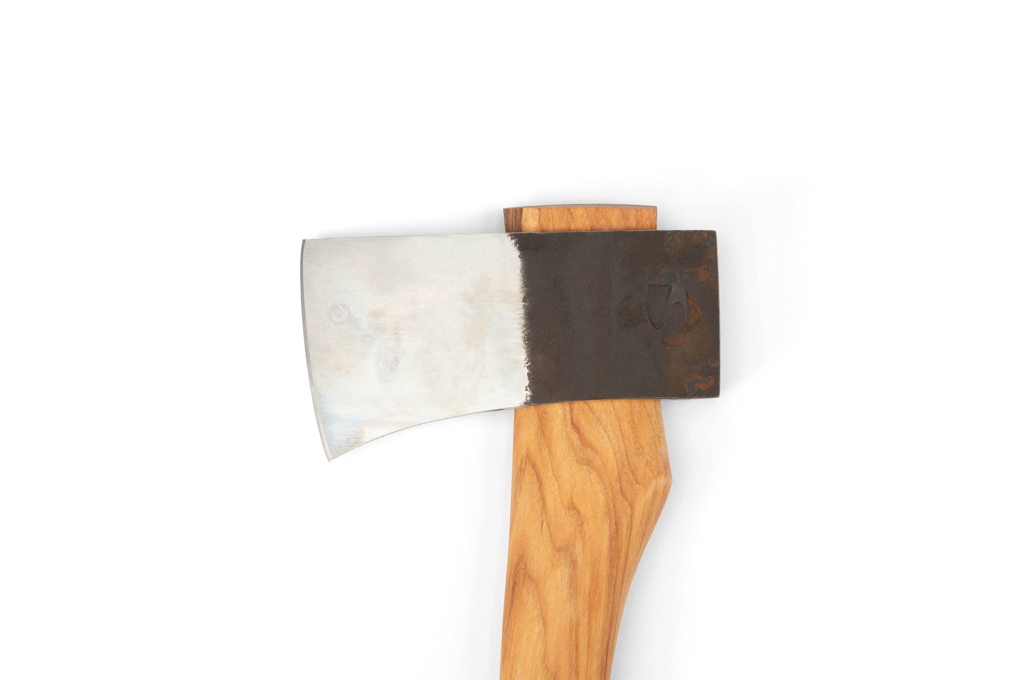 A close-up of the Brant & Cochran Dirigo Belt Axe by BNC, showing its Maine wedge pattern head on a wooden handle. The U.S. tool steel blade is partially polished, with shiny silver contrasting a darker, rusted area near the top, set against plain white.