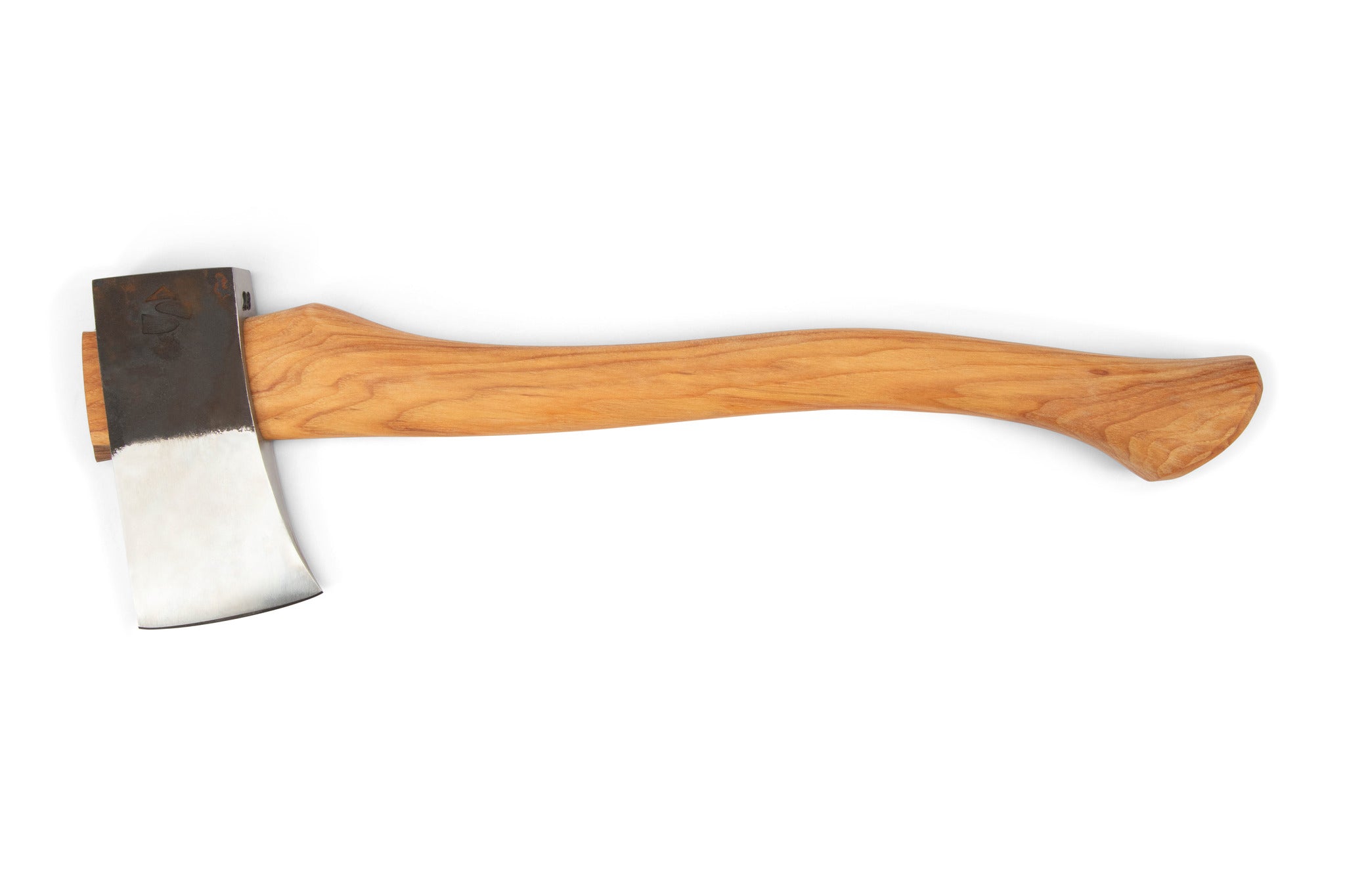 The BNC Brant & Cochran Dirigo Belt Axe is a single-bladed Maine wedge pattern axe with a polished wooden handle and shiny U.S. tool steel head, shown on a white background.