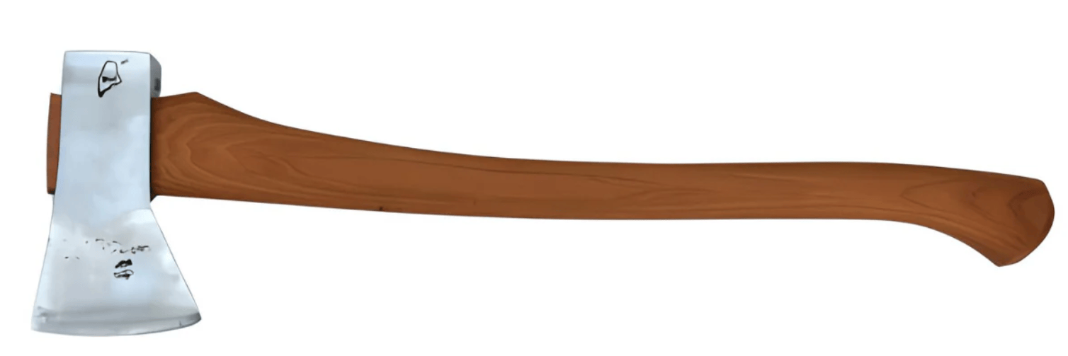 The Voyageur by BNC features a shiny silver carbon steel blade and a long, curved hickory handle, displayed on a white background.