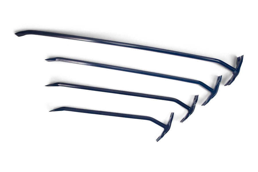 Four Bon Tool Rocker Bars are arranged diagonally on a white background, each featuring one flat end and one hooked end, offering versatile leverage for prying or lifting tasks.