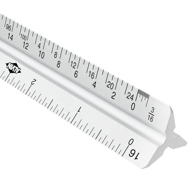 An Alvin Aluminum Architect Scale is displayed against a white background. This triangular ruler features black numbers and lines for multiple measurement units and is crafted from durable, professional-grade anodized aluminum for precision and longevity.