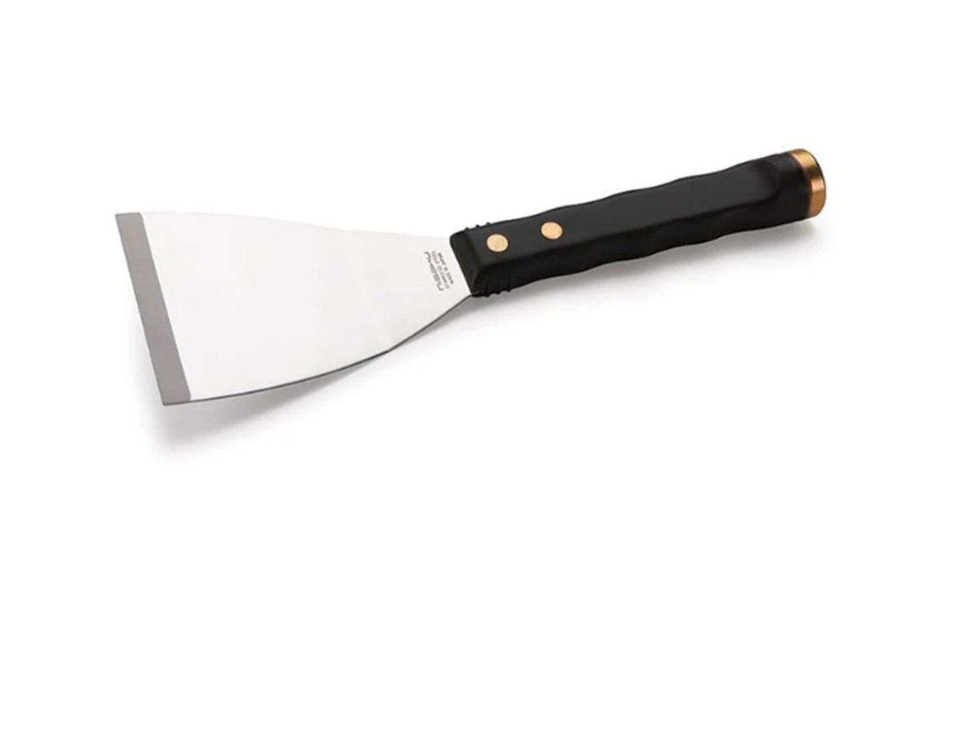The Nisaku Hammer Top Scraper features a wide, flat stainless steel blade and a black handle with brass rivets, shown on a white background.