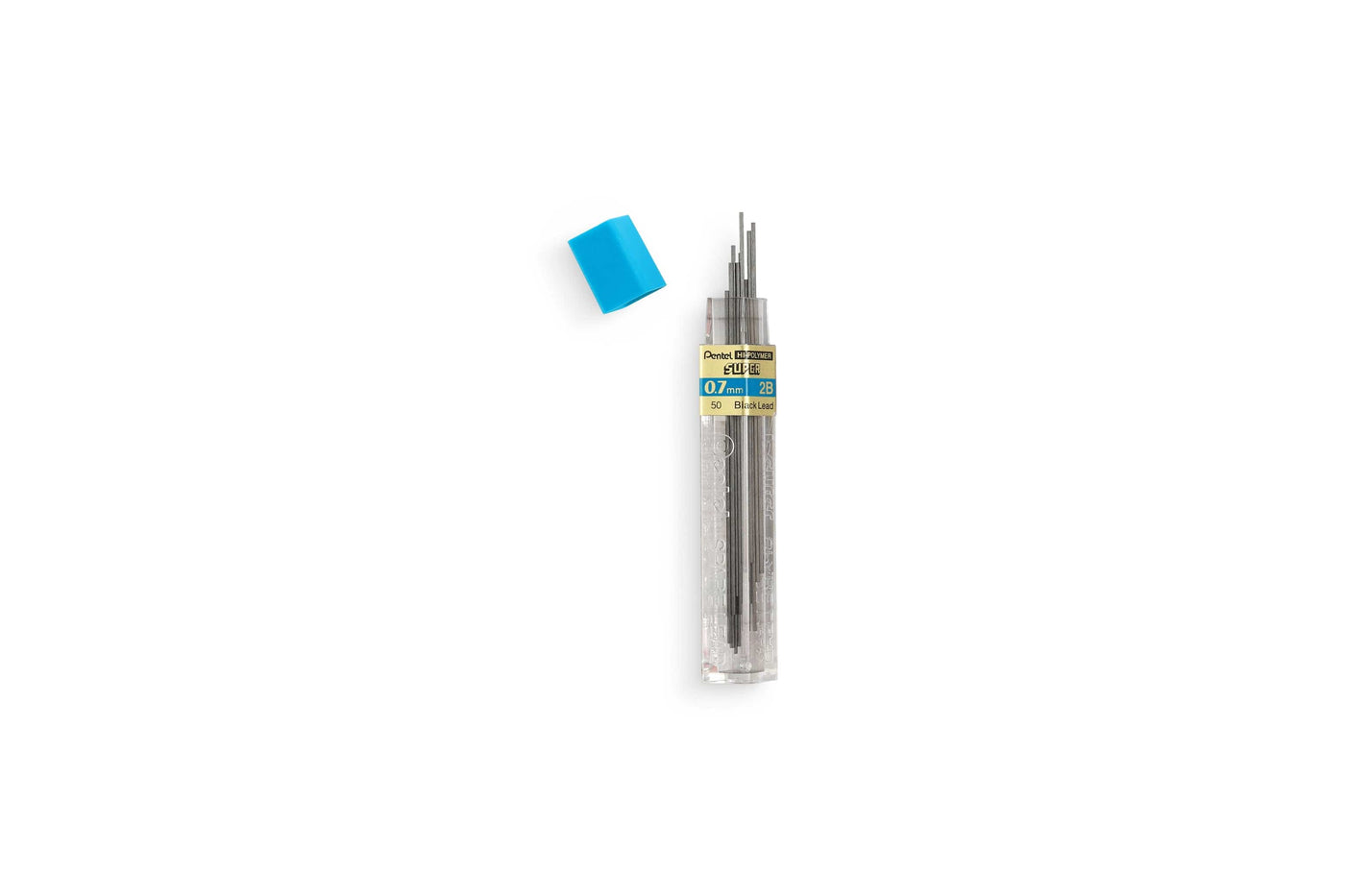 The GraphGear 500 Mechanical Pencil by Dick Blick features a transparent container holding several thin 0.7 mm pencil leads. The blue cap sits beside it on a white background, highlighting a range of lead sizes for precision work.
