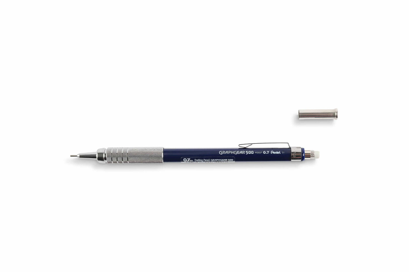 The GraphGear 500 by Dick Blick is a sleek drafting mechanical pencil with a blue body, silver tip, and marked 0.7mm lead size on the barrel, complemented by a detachable eraser cap.