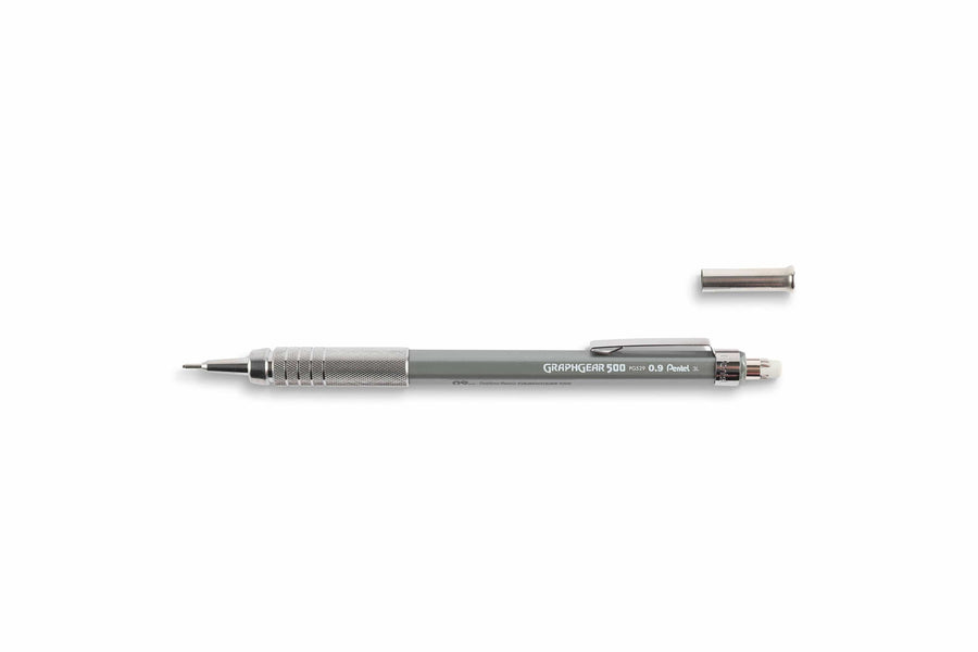 The GraphGear 500 Mechanical Pencil by Dick Blick, in gray, is ideal for drafting. It features a knurled grip and removable cap, perfectly complementing its sleek design against the white background.