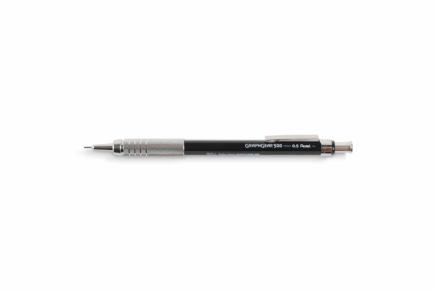 The Dick Blick GraphGear 500 Mechanical Pencil, with a black barrel, silver grip, and click mechanism, uses Hi-Polymer lead for precise drafting, shown on a white background and labeled GraphGear 500 0.5 Pencil.