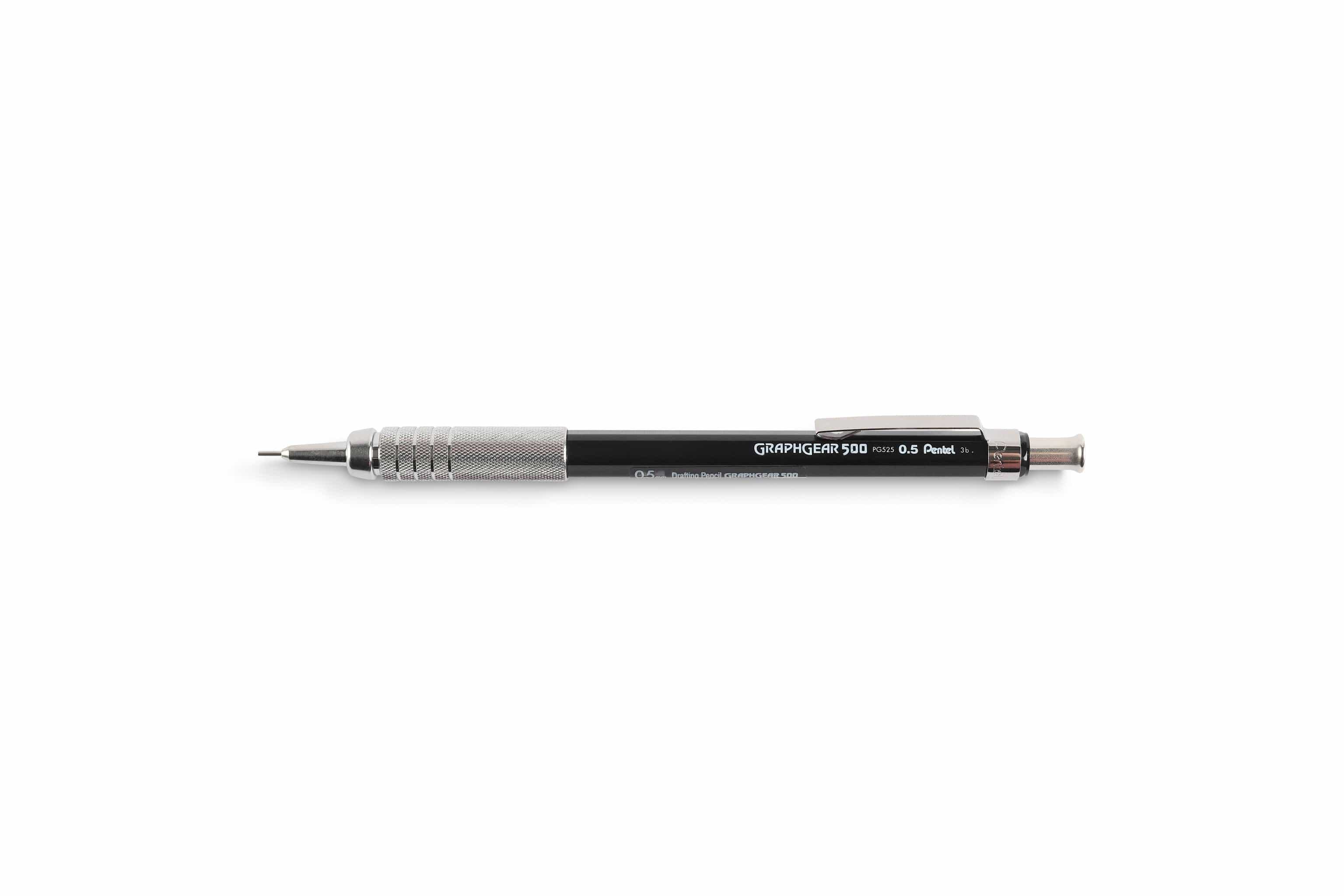 The Dick Blick GraphGear 500 Mechanical Pencil, with a black barrel, silver grip, and click mechanism, uses Hi-Polymer lead for precise drafting, shown on a white background and labeled GraphGear 500 0.5 Pencil.