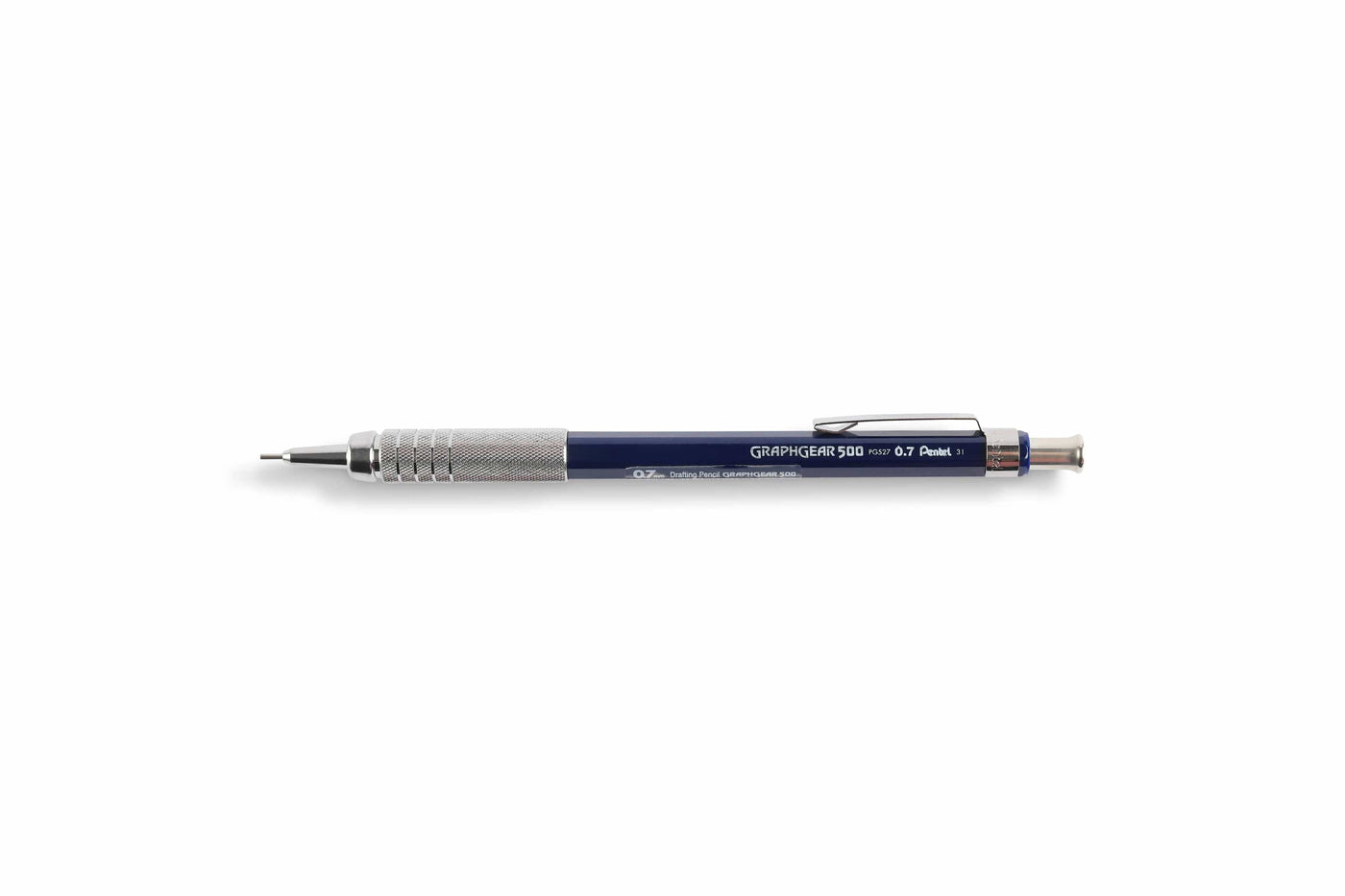 The Dick Blick GraphGear 500 Mechanical Pencil boasts a blue and silver design with a textured grip, featuring an extendable lead mechanism ideal for various lead sizes, perfect for precision drafting.