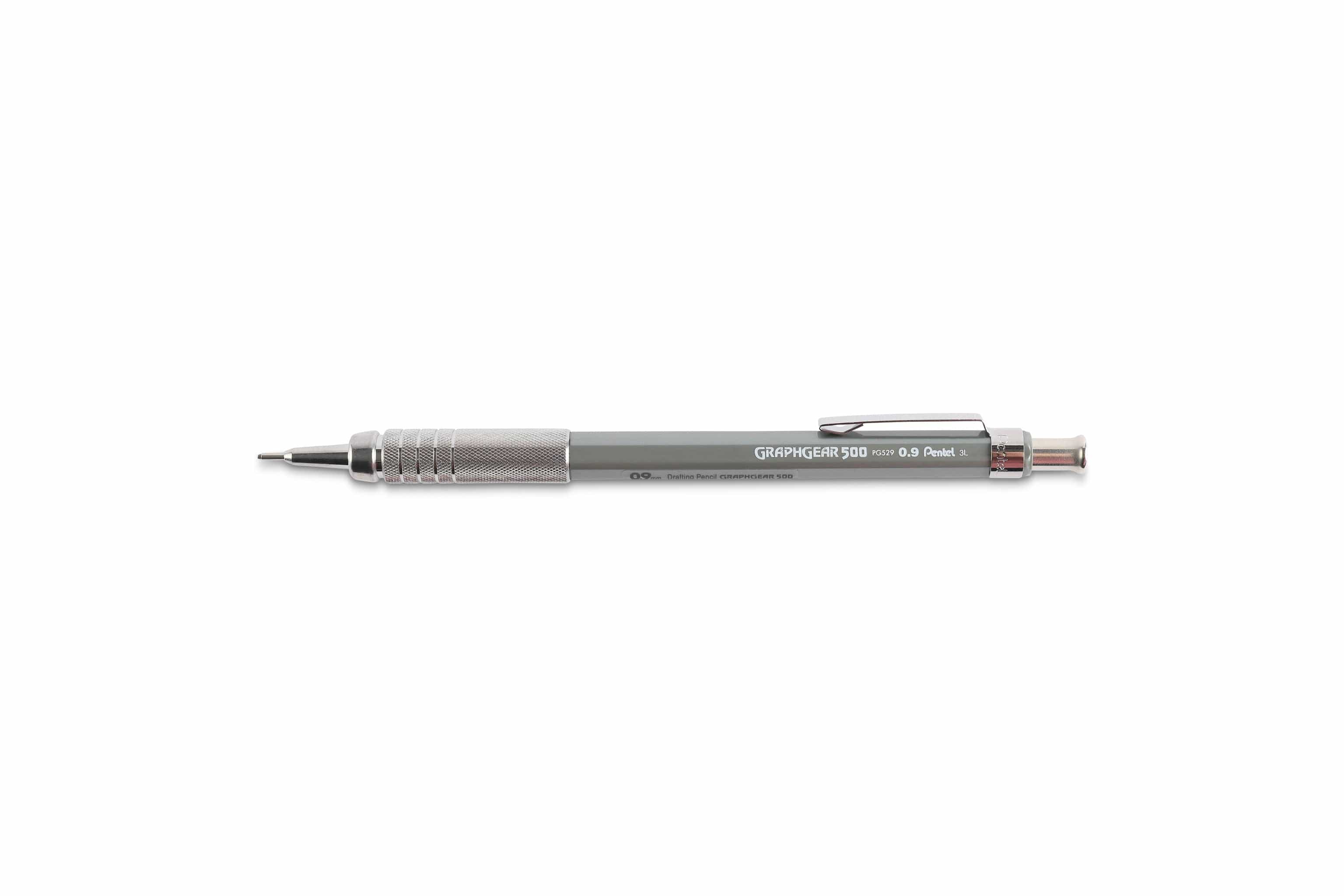 The GraphGear 500 Mechanical Pencil by Dick Blick features a silver design with a textured grip, metal clip, and retractable lead, available in various lead sizes.