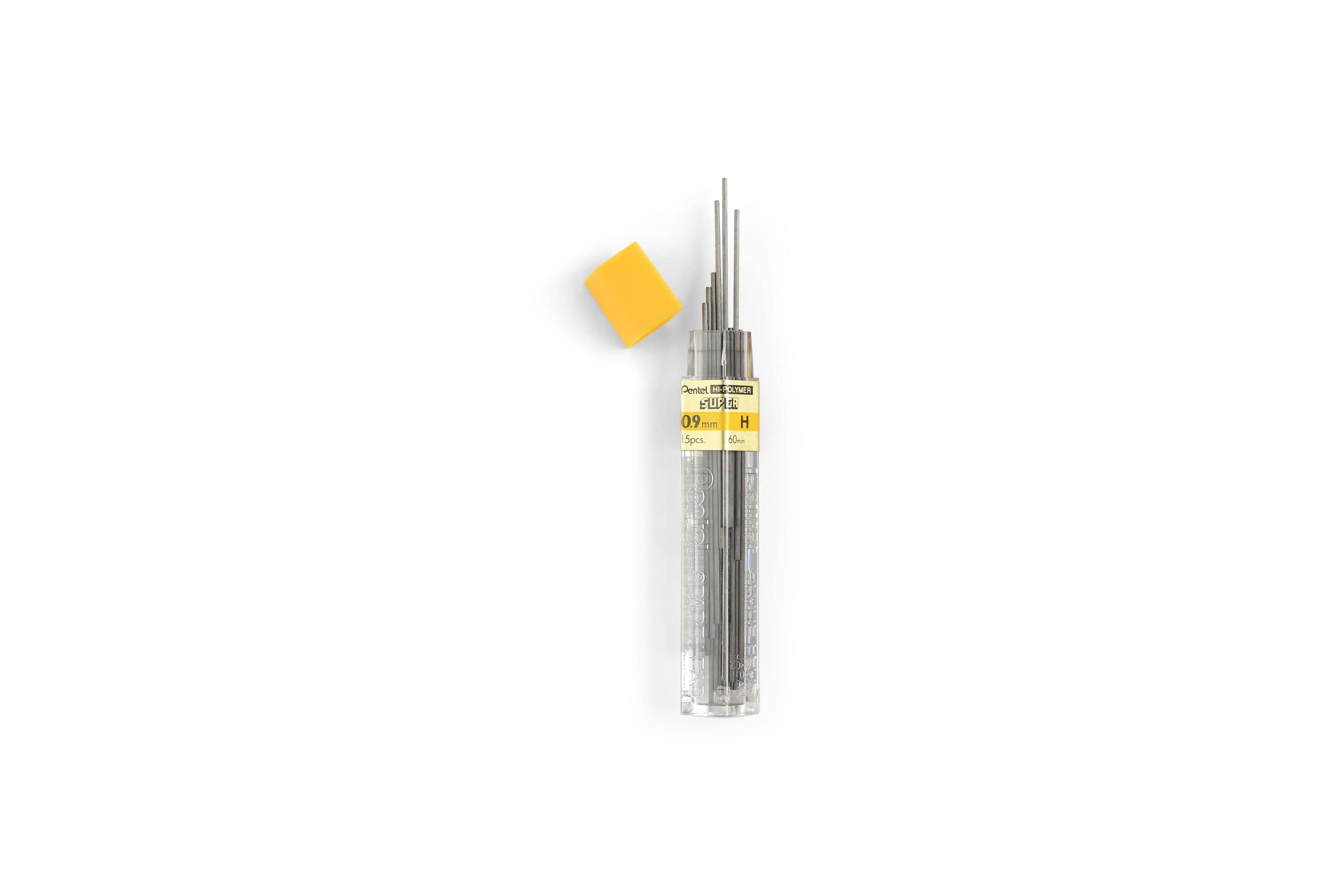 The Dick Blick GraphGear 500 Mechanical Pencil Lead Container features a yellow cap for drafting enthusiasts, holding 0.5mm HB leads against a white background.