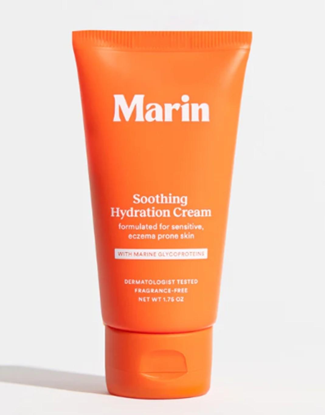 Marin Soothing Hydration Cream by Marin is a Maine-made, dermatologist-tested moisturizer for sensitive, eczema-prone skin. With Marine Glycoproteins for barrier repair, it’s fragrance-free and comes in a 1.75 oz orange tube.