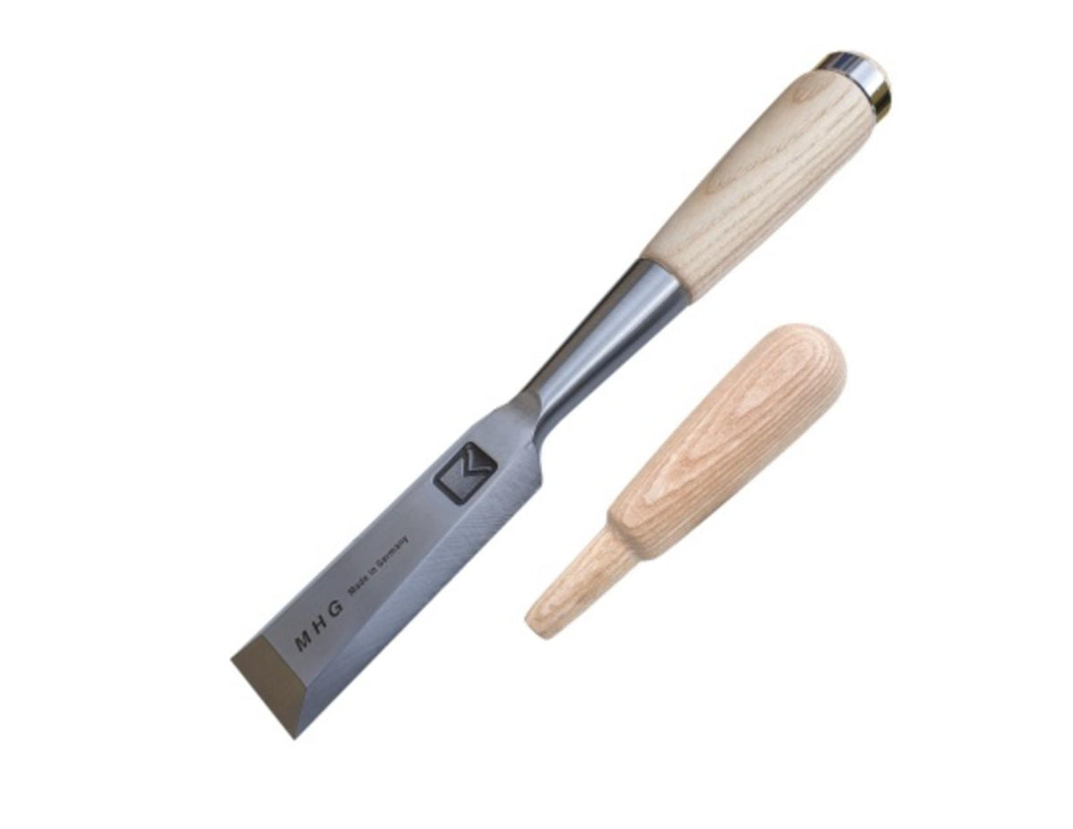 The MHG Socket Chisel 26 mm by MHG features a chrome-vanadium steel blade and wooden handle, displayed with an additional separate wooden handle on a white background—an essential hand tool for carpenters.