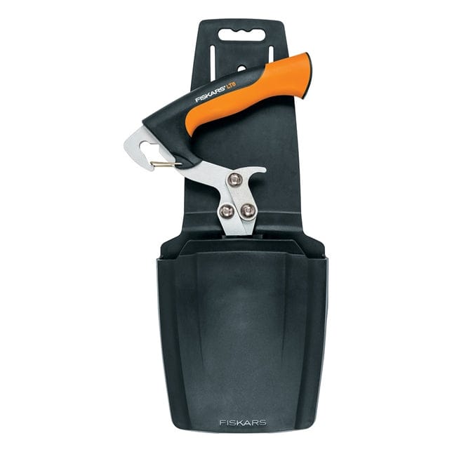 FIS Fiskars Log Tongs featuring an orange and black handle, crafted from hardened boron steel, stored in a black plastic holster with the FIS brand name displayed on the front.