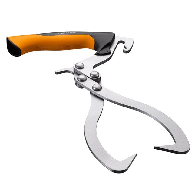 The Fiskars Log Tongs by FIS are made from hardened boron steel with a curved silver gripping jaw and an orange and black ergonomic handle—ideal for safely lifting and carrying firewood.