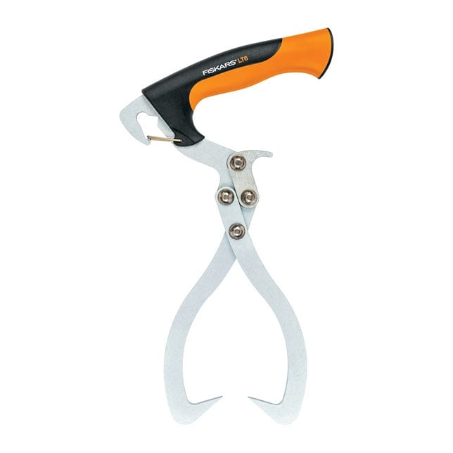 The Fiskars Log Tongs by FIS are made from hardened boron steel with sharp curved hooks and a black-and-orange ergonomic handle, offering a durable and safe way to lift and carry firewood.
