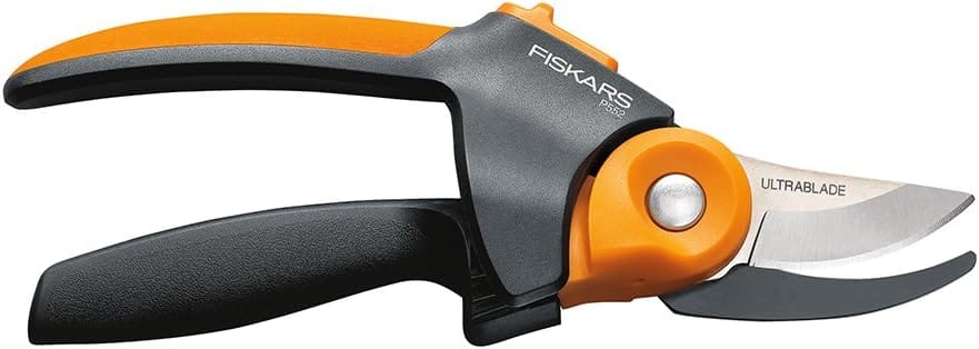 A pair of FIS Fiskars Power Gear2 pruning shears with a black and orange handle, sharp silver UltraBlade bypass blade, and PowerGear technology for less hand fatigue.