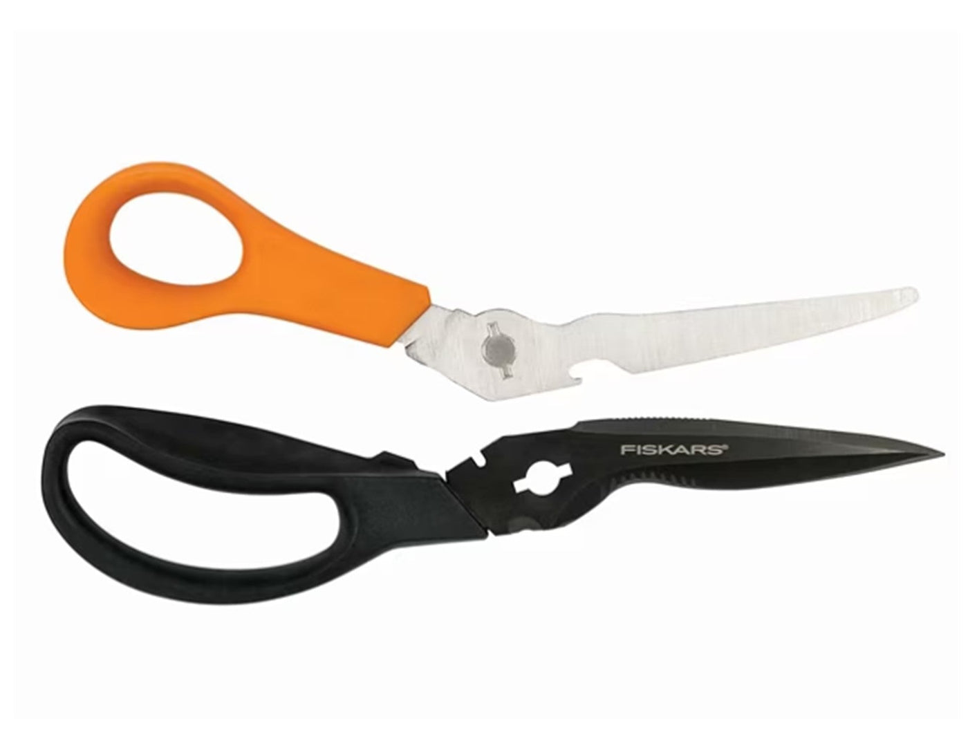 Two FIS Multi Purpose Garden Shears, one with an orange handle and one with a black handle, are displayed side by side against a white background. Both feature precision-ground steel blades and heavy-duty garden materials.