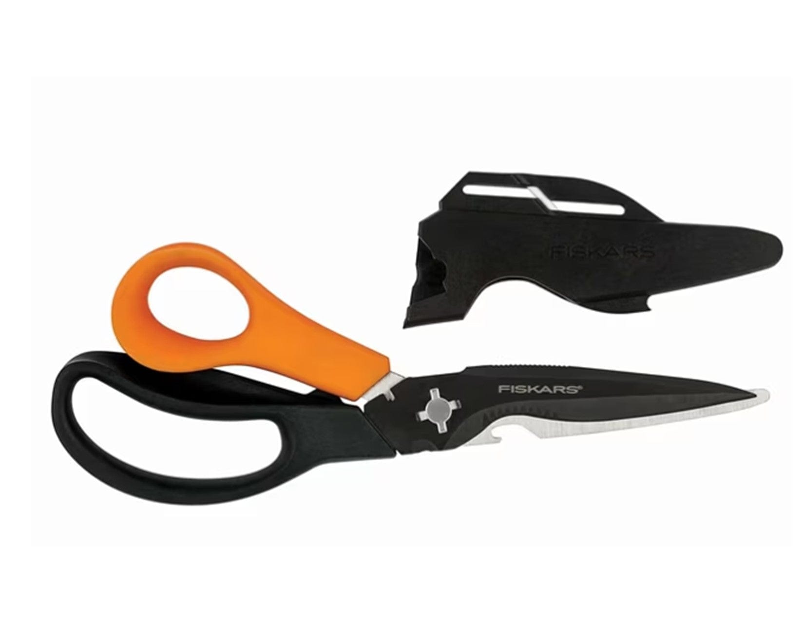 FIS Multi Purpose Garden Shears feature precision-ground steel blades, serrated edges, an orange and black handle, and a protective sheath—ideal for heavy-duty garden tasks. Displayed on a white background.