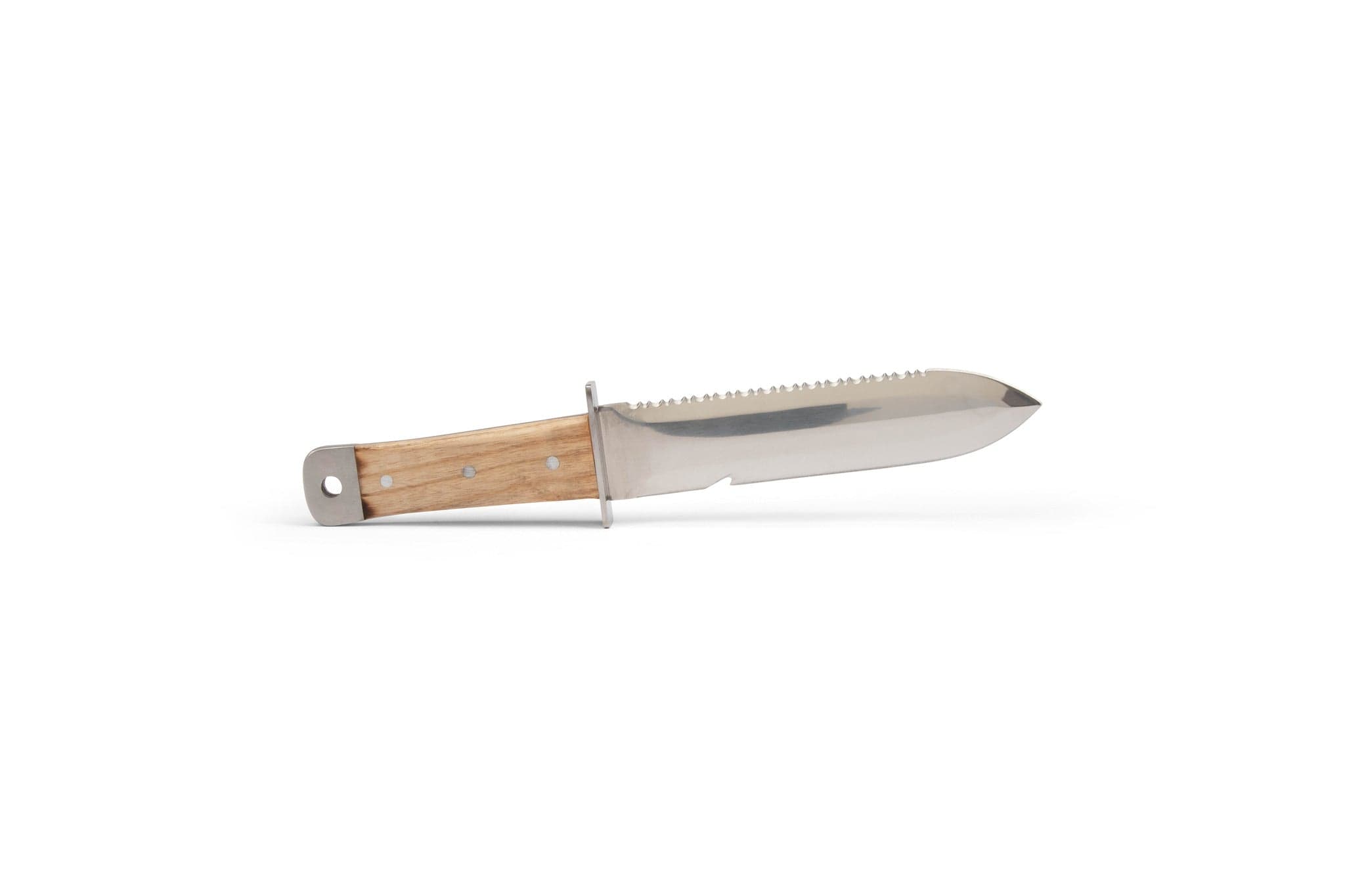 The Fiskars Hori Hori Planting Tool by FIS features a stainless steel blade, serrated back edge, wooden handle with end hole—ideal as a weeding tool or garden knife. Shown on a white background.