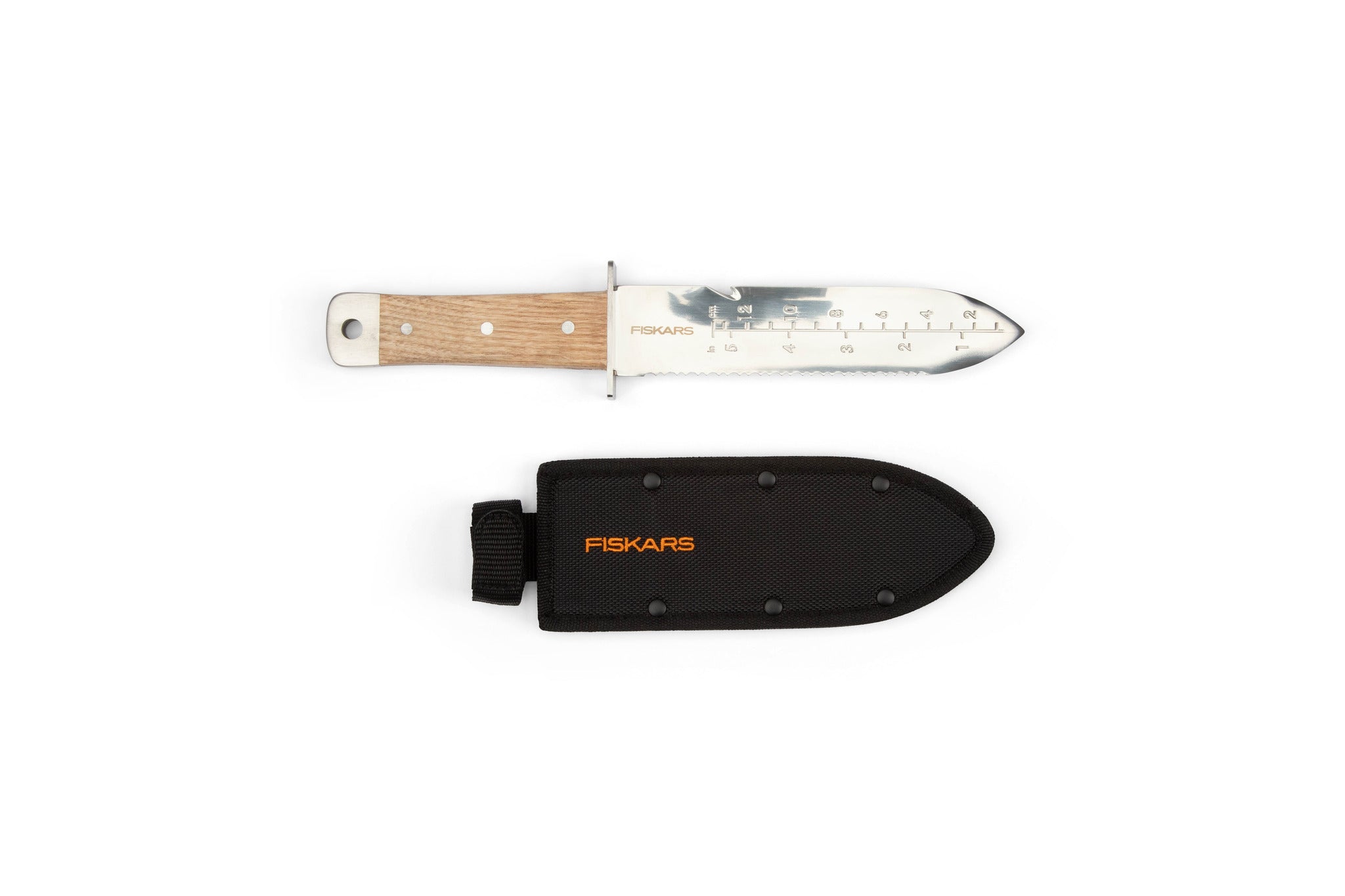 The FIS Fiskars Hori Hori Planting Tool features a wooden handle, stainless steel blade with measurements, and comes with a black sheath labeled Fiskars.