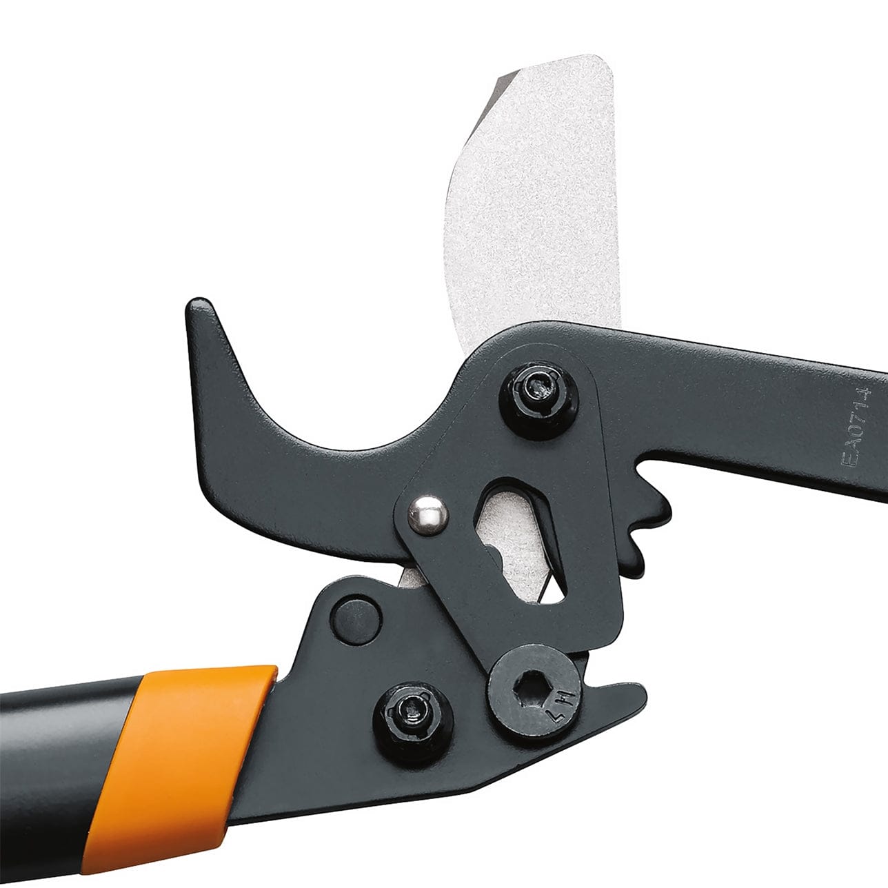 A close-up reveals the mechanism of a garden pruning shear with an ergonomic black handle and orange accents. The metal blade is partially open, showcasing adjustable gears and screws, reminiscent of the cutting power found in tools like FIS's PowerGear2 Lopper.