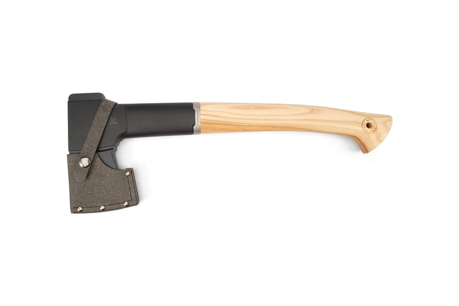 The Fiskars Norden N10 Chopping Axe by FIS features a hickory handle and a black carbon steel blade with a protective dark sheath, shown on a white background.