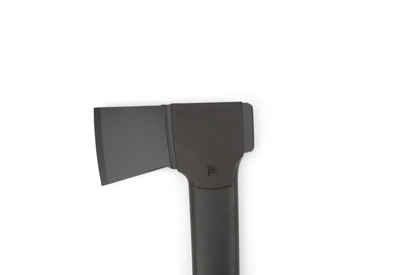 The FIS Fiskars Norden N10 Chopping Axe has a matte black carbon steel head and hickory handle, shown horizontally on a white background with only the axe head and upper handle visible.